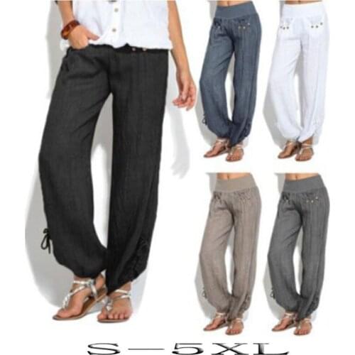 Vintage Women Pants Summer Cotton Linene Solid Colous Casual Wide Leg Panst Bandage Buttons Elastic Waist Female Trousers Pantal