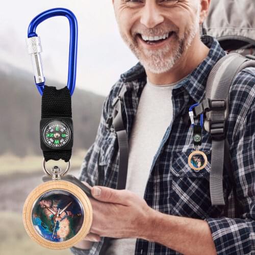 Multi-Function Pendant Watch with Compass Wooden Watches Sport Quartz Pocket Clock Outdoor Carabiner Clip Men Women Wood Clocks