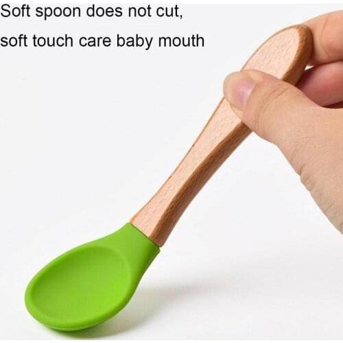 Baby Soft Silicone Spoon Candy Color Safety Infant Learning Food Wood Spoons Children Kids Boy Girl Non-slip Feeding Plate Tools