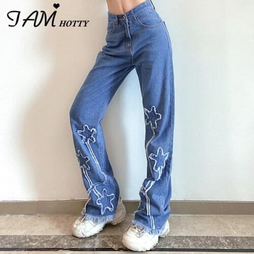 Y2k Ripped Stars Patches Oversize Flare Jeans Women Korean Fashion Streetwear Vintage High Waist Baggy Denim Trousers Iamhotty