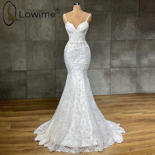 Elegant Lace Mermaid Wedding Dresses Spaghetti Straps Custom Made Bridal Gowns