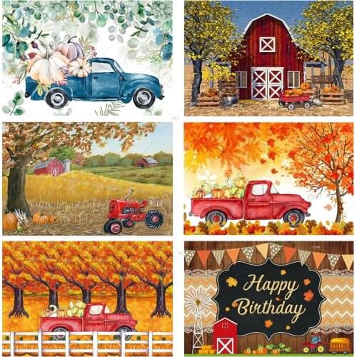 Pumpkin Harvest Autumn Thanksgiving Party Backdrop Fall Maple Leaves Truck Farm Barn Farmhouse Background Photo Studio Props