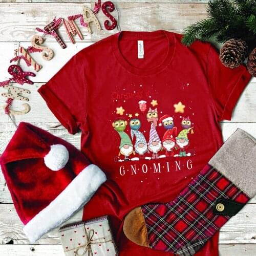 Cute Five Christmas Gnome Printed Womens T Shirt Funny Santa Hat Tshirt Casual Women Short Sleeve Tops Female Christmas Clothes