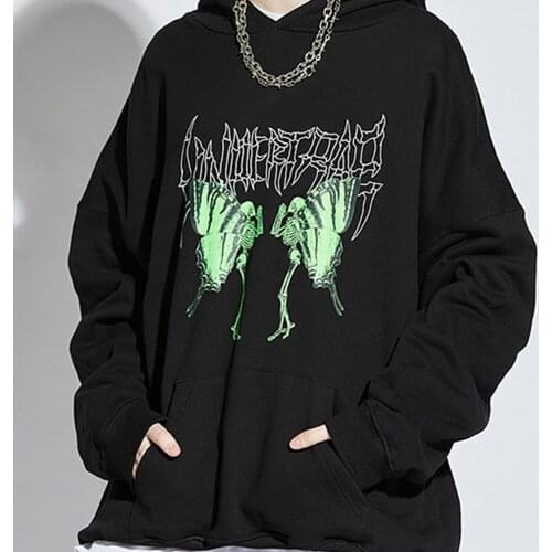 Oversize Butterfly Skeleton Gothic Streetwear Skull Print Hooded Sweatshirt Casual Pullover Aesthetic Jacket Punk Unisex Clothes