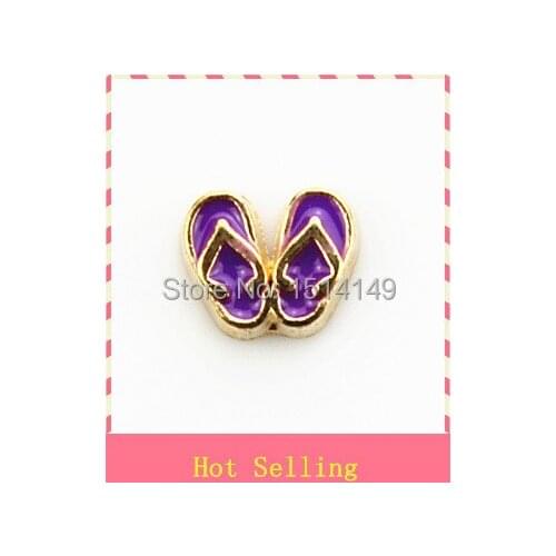 Hot selling gold purple flip flops floating charms living glass floating memory locket