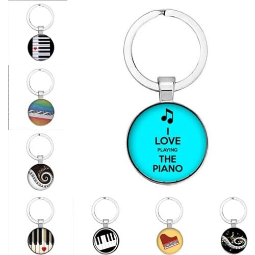 2021 New Heart-Shaped Piano Love Pendant Round Glass Keychain Convex Piano Keyboard Glass Dome Demo Keychain Jewelry