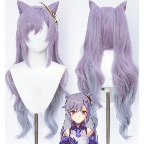 Genshin Impact Wig Keqing Cosplay Purple Long Ponytails Ears Horns Heat Resistant Synthetic Wigs Women Halloween Free Wig Cap