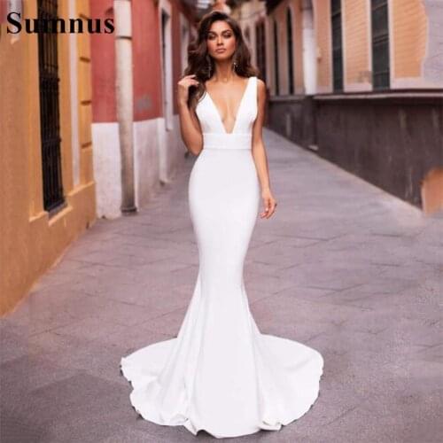 Sumnus Satin Mermaid Wedding Dresses 2021 Sexy V-neck Backless Beach Vintage Bridal Gowns Wedding Party Dresses