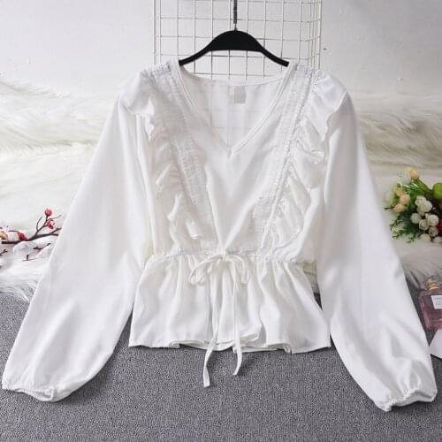 Drawstring Sash Ruffles Women Blouse V-Neck Lace Patchwork Vintage Blusa 2019 Spring Summer Solid Slim Fashion Tops Lady