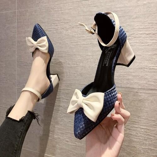 Summer new style pointed bow bow bow Baotou ladies high heels fashion color matching temperament single shoes elegant