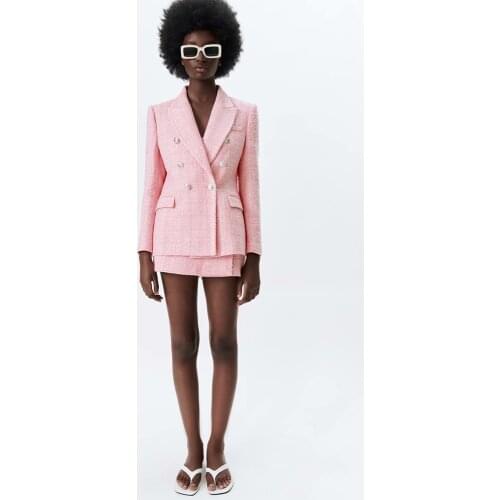 Za Womens Suit With Skirt Pink Plaid Blazer Coat and Shorts 2021 Fashion Ladies Female Texture Tweed Suit Set Woman 2 Pieces