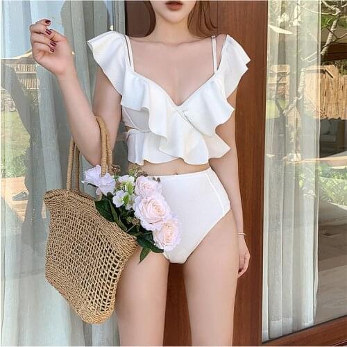Bathing Suits Woman 2020 New White Split Ruffled V-neck Pink High Waist Triangle Split Swimsuit Suit Brazilian Bikini