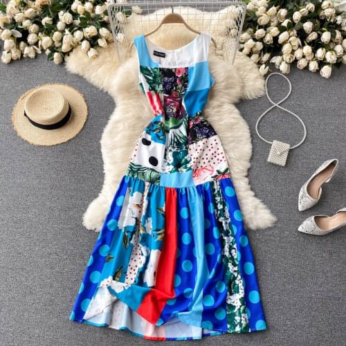 Europe Style New Fashion Elegant Women Sleeveless Vintage Floral Print Long Dress High Street Ladies Party Dresses Vestido