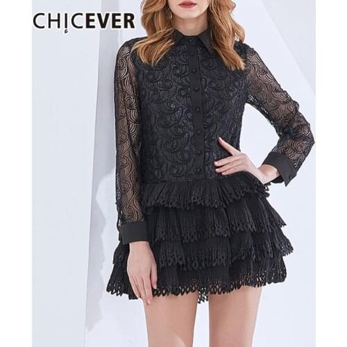 CHICEVER Black Patchwork Lace Dresses For Women Lapel Collar Long Sleeve High Waist Slimming Ruched Dress Female 2021 Spring New