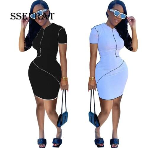 SSEURAT 2021 Women Patchwork Short Sleeve Bodycon Midi Dress Streetwear Active Bandage Mini Pencil Dresses