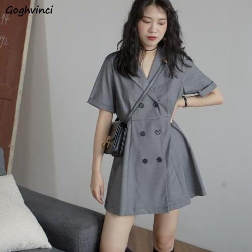 Women Short Sleeve Dress High Quality Button Up Notched A-line Mini Pleated Dresses Sexy All-match Retro Elegant Female Ulzzang