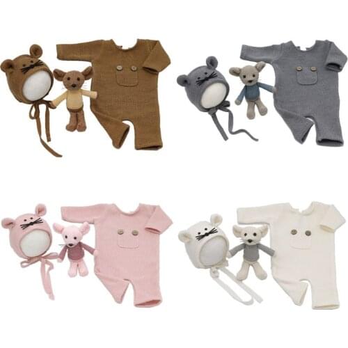 3 Pcs/set Newborn Photography Props Suit Knitted Cotton Jumpsuit Hat Mouse Doll Infant Photo Shooting Clothes Outfits