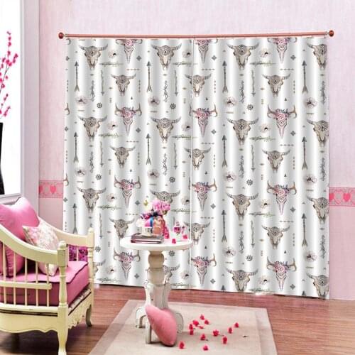 Custom 3D Curtains Watercolor Bull Head Skull Deer head Polyester Fabric Window Curtains For Living room bedroom Indoor Decor