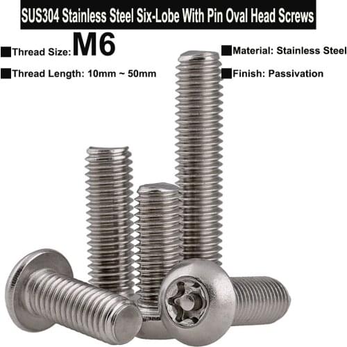 5Pcs/2Pcs M6x10mm~50mm SUS304 Stainless Steel Six-Lobe With Pin Socket Oval Head Screws Anti-theft Safety Screw