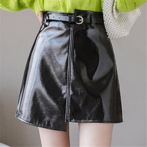 Asymmetric Women PU Skirt Solid Sashes Sexy Mini Package Hip High Waist Females Skirts Chic Fashion A-line Slim PU Leather Skirt