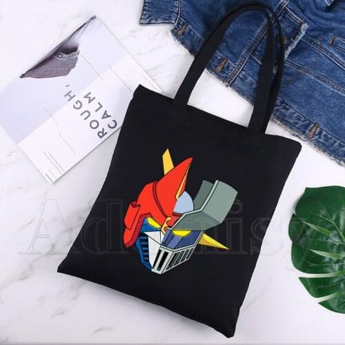 Mazinger Z Large Womens Shopper Bag Canvas Tote Shoulder Bags Shopping Bag with Print Black Cloth Handbags Eco Friendly