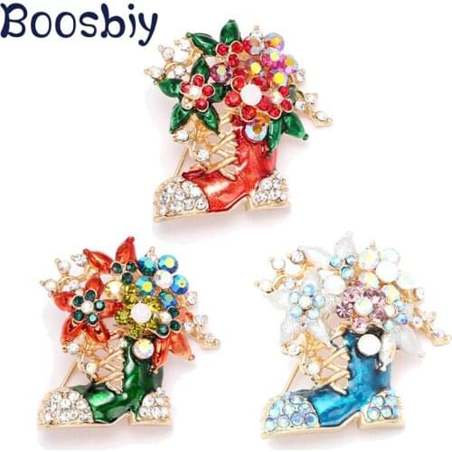 Boosbiy Vintage Christmas Boots Brooches With Enamel & Crystal Dress Collar Suit Banquet Decoration Brooch Pins jewelry Gift