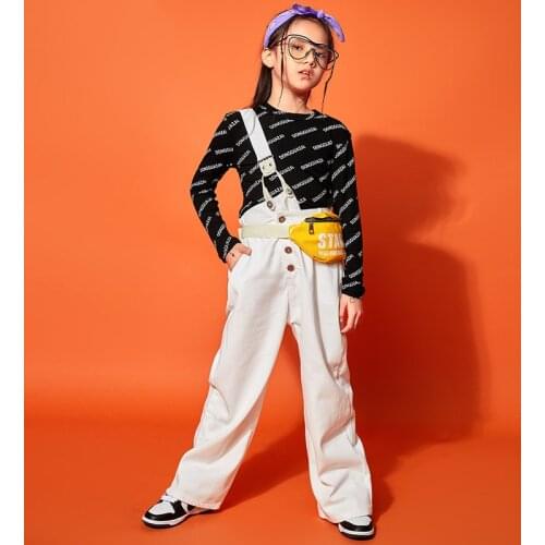 Girls Jazz Dance Costume Hip Hop Clothing White Suits One-Strap Rompers Letters Tops Kids Hip Hop Pants Ballroom Wear BL5375