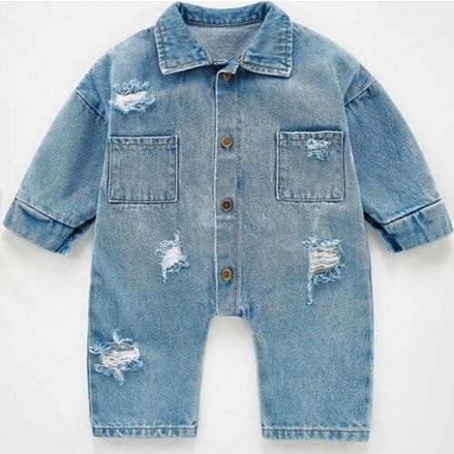 Spring Autumn Newborn Boys Girls Denim Jumpsuits Cowboy Broken Hole Baby Boys Girls Clothes Long Sleeve Rompers Children Rompers