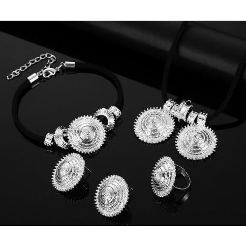 Ethiopian Silver Color Necklace Pendant Earrings Ring Bracelet African Trendy Jewelry Set