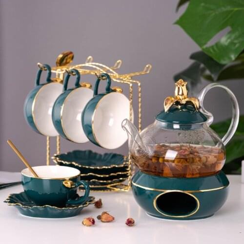 Ceramic tea set and teapot light luxury afternoon tea cup heat-resistant glass teapot with candle heating seat teaware set