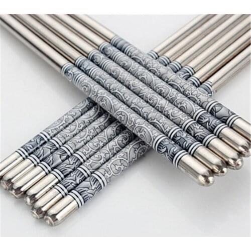 1 Pairs blue and white porcelain round chopsticks set durable food grade 304 stainless steel Chinese traditional kitchen cutlery