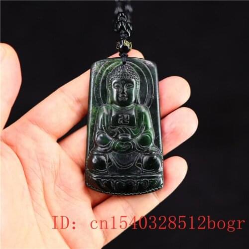 Jade Buddha Pendant Necklace Jewellery Natural Charm Chinese Black Green Carved Gifts Amulet Fashion