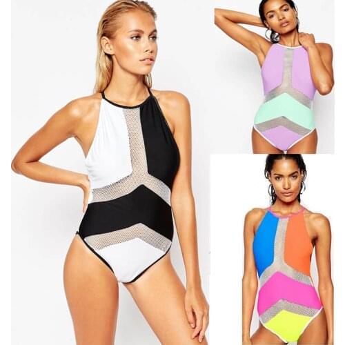 2020 New Mesh Patchwork Swimsuit One Piece Swimwear High Neck Monokini Backless Cross Bandage Bathing Suit Beach Swim Wear