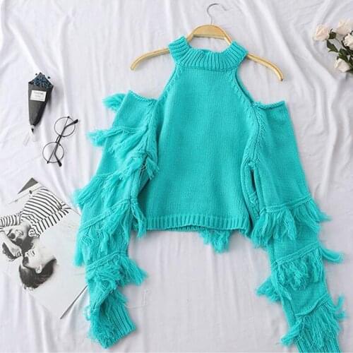 2020 New Spring autumn Lazy Wind Fringed Sweater Female Loose Short Off-the-shoulder Long-Sleeved Sweater