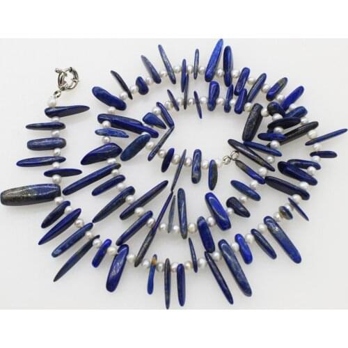 Freshwater pearl near round blue lapis quartz branch 10-18mm necklace 22inch wholesale nature beads FPPJ gemstone