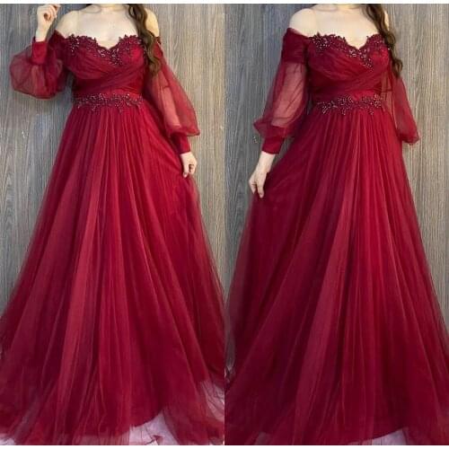 Vintage A-Line Long Sleeve Lace Tulle Prom Dresses Zipper Back Robe De Soiree Floor Length Black Formal Party Dresses for Women