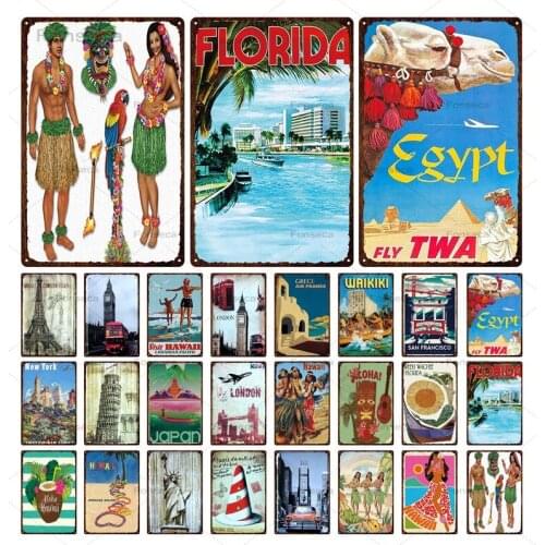 Vintage City Scenery Metal Sign Egypt Florida New York Tin Plates Poster Vacation Landscape Plaques Wall Art Iron Painting