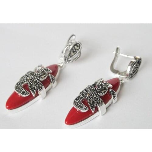 Jewelry Free Shipping HANDMADE VINTAGE NATURALRED CORAL 925 SILVER MARCASITE EARRINGS 1.5"