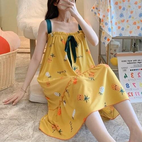 Women Nightgown Cotton Night Dress Sexy Bow Strap Casual Home Clothes Night Shirt Floral Print Sleepwear Girl Nightwear Shirt