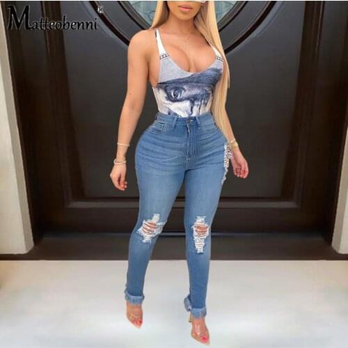 Women High Waist Jeans Pants Elastic Skinny Holes Denim Jeans 4 Season Pencil Pants Ripped Womens Casual Jeans Trousers 2020