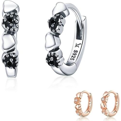 BISAER 925 Sterling Silver Heart to Heart Round Stud Earrings for Women Black CZ Circle Fashion Earrings Jewelry Brincos ECE445