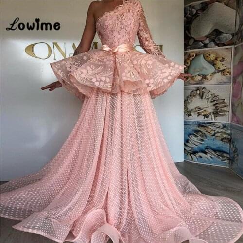 Pink One Shoulder Lace Applique Long Prom Dresses 2018 Robe De Soiree Arabic Dubai Turkish Party Dress Formal Evening Gowns