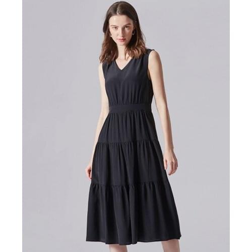 Female High Waist Dress 100% Real Silk Dresses for Women 2021 Midi Black Dress Womens Summer Dress Vintage Dress Robes Zjt2218