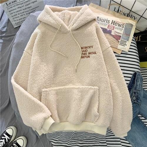 Women Winter Coat Pink Sweet Fashion Hooded Letter Print Harajuku Loose Pocket Hoodies Fleece Flannel Pullover Female Sweatshirt