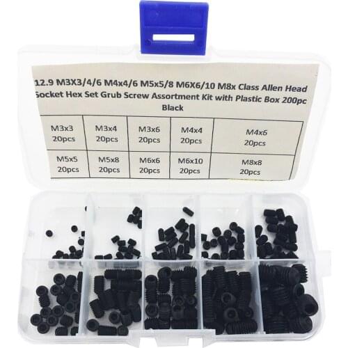 12.9 M3X3/4/6 M4x4/6 M5x5/8 M6X6/10 M8x Class Allen Head Socket Hex Set Grub Screw Assortment Kit with Plastic Box 200pc Black