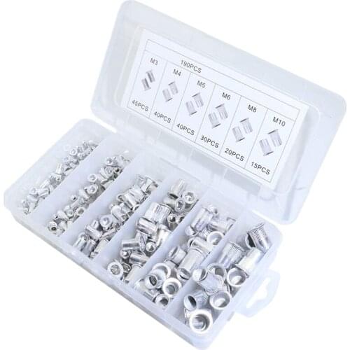 190Pcs Aluminum Alloy Rivnut Flat Head Threaded Insert Cap M3 M4 M5 M6 M8 M10 Rivet Nut Alumium Rivnut Set