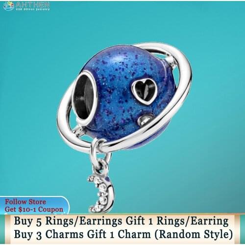 Ahthen 925 Sterling Silver Beads Planet Love & Moon Charm fit Original Pandora Bracelets for Women Jewelry Making Birthday Gift