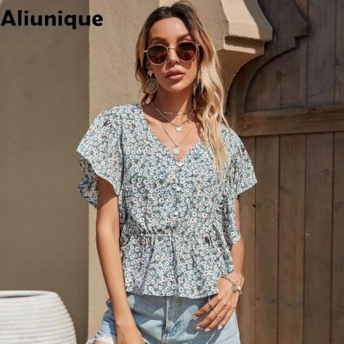 Aliunique New V-Neck Sundress Ruffle Shirt For Women Summer Fashion Sexy Printed Female Elegant Lace up Beach Loose Clothes INS