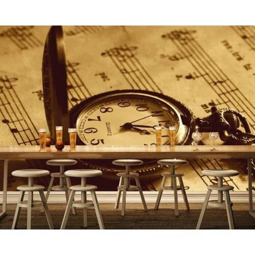 Free Shipping Custom 3D Wallpaper Retro Vintage Watches Musical Elements Background Wall Bars Living Room Restaurant Wallpapers