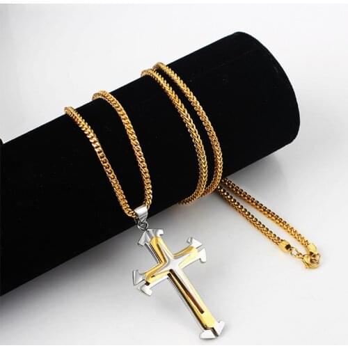 Fashion Mens Positive and Negative Chain Metal Three-layer Stainless Steel Gold Color Cross Pendant Necklace Religious Jewelry